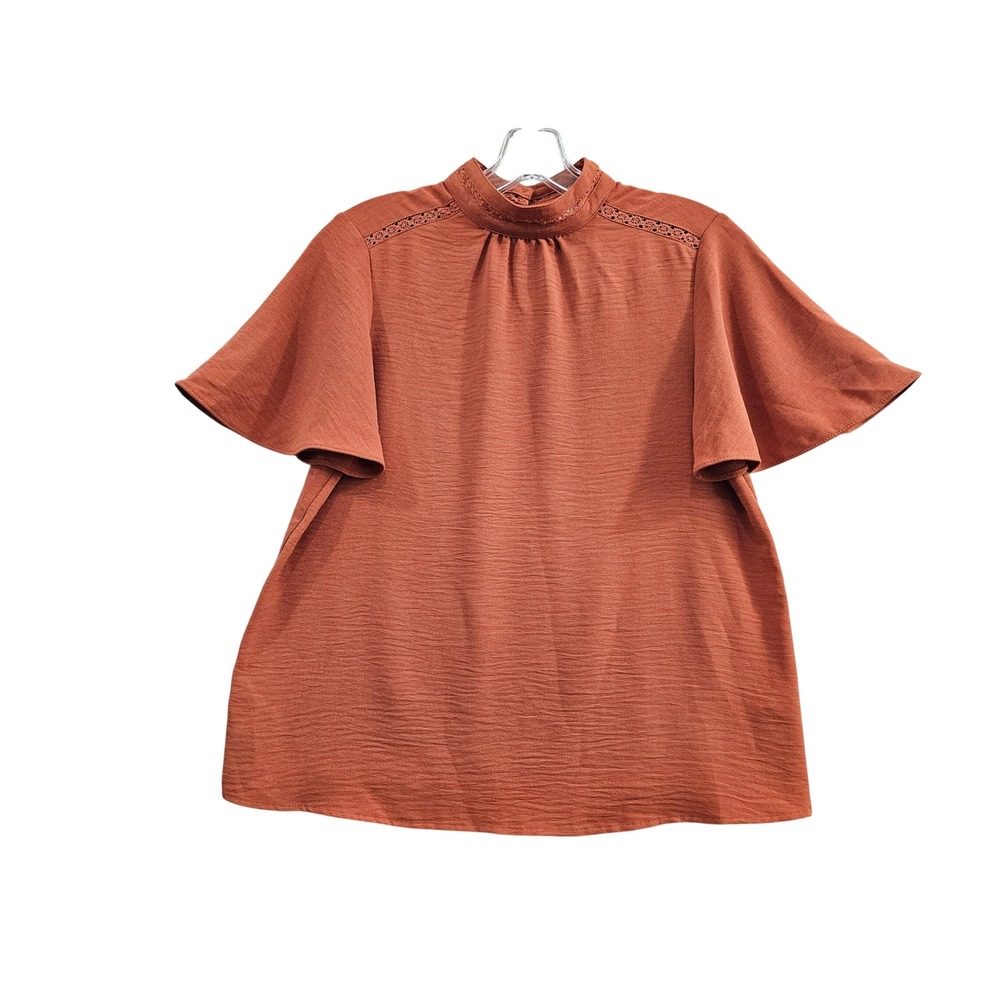 Joie Blouse Womens XS Rust Orange Mock Neck Lace Trim Flutter Sleeve Crepe Top